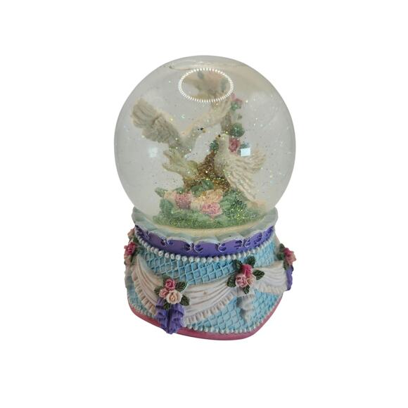 Love Birds Glitter Water Globe Musical Windup Works Resin Base Hand Painted - Picture 1 of 9